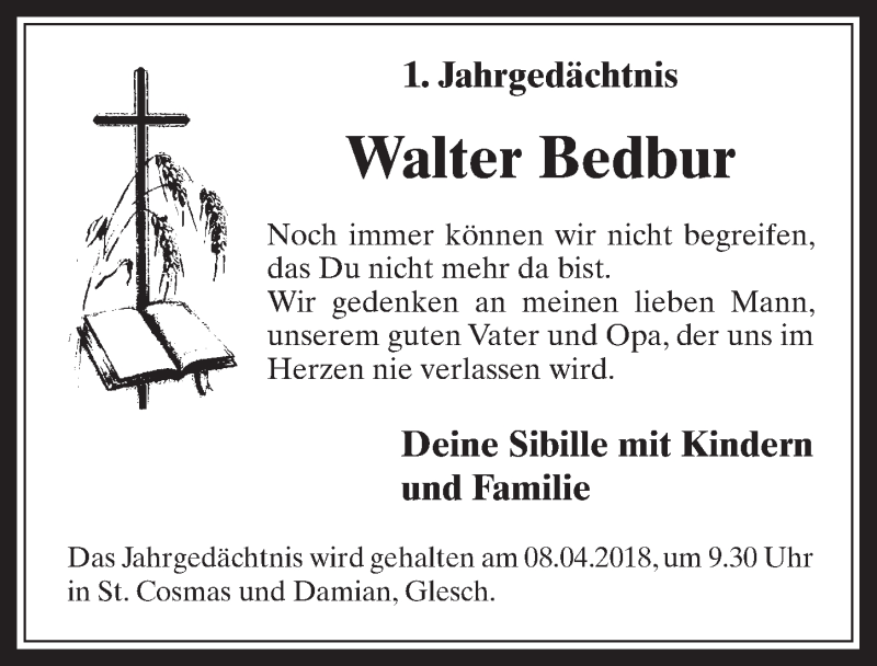  Traueranzeige für Walter Bedbur vom 04.04.2018 aus  Werbepost 