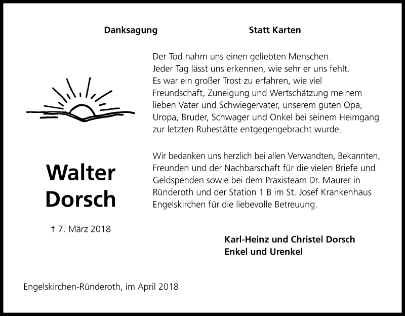  Traueranzeige für Walter Dorsch vom 28.04.2018 aus Kölner Stadt-Anzeiger / Kölnische Rundschau / Express