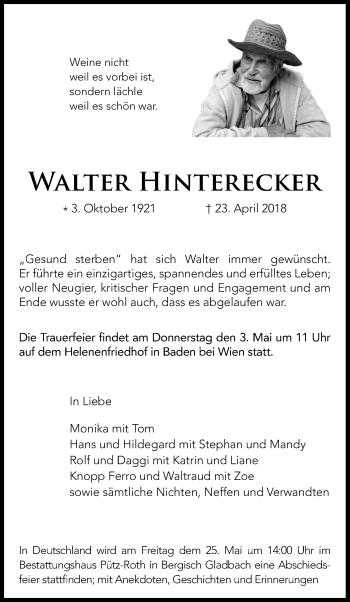 Anzeige von Walter Hinterecker von Kölner Stadt-Anzeiger / Kölnische Rundschau / Express