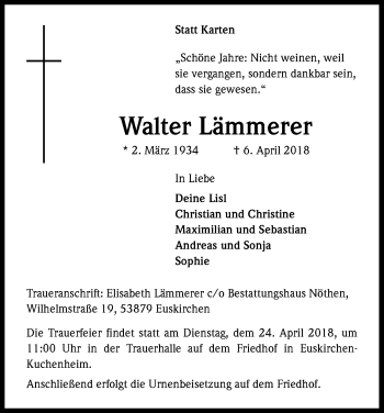 Anzeige von Walter Lämmerer von Kölner Stadt-Anzeiger / Kölnische Rundschau / Express