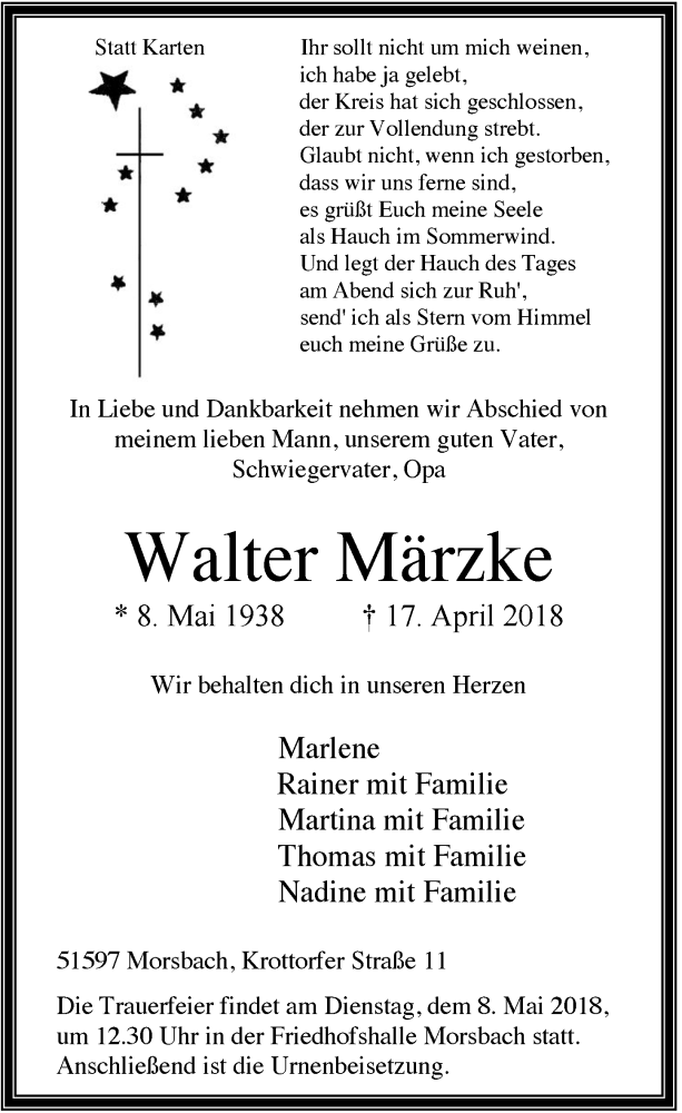  Traueranzeige für Walter Märzke vom 25.04.2018 aus  Lokalanzeiger 