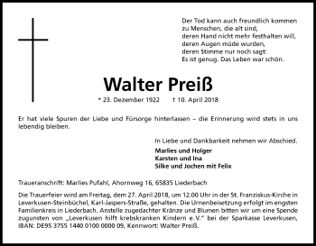 Anzeige von Walter Preiß von Kölner Stadt-Anzeiger / Kölnische Rundschau / Express