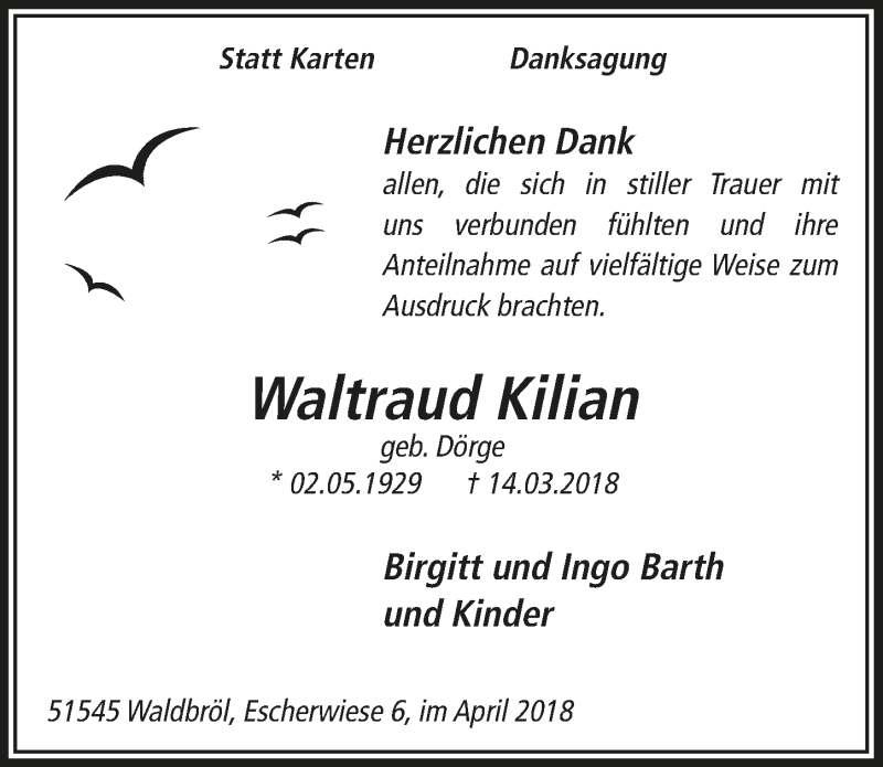  Traueranzeige für Waltraud Kilian vom 25.04.2018 aus  Lokalanzeiger 