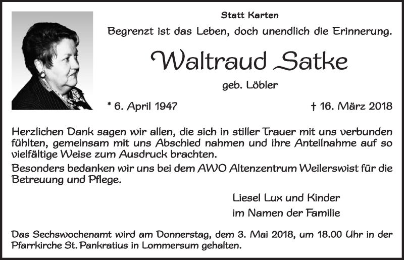  Traueranzeige für Waltraud Satke vom 21.04.2018 aus  Blickpunkt Euskirchen 