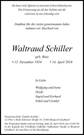 Anzeige von Waltraud Schiller von Kölner Stadt-Anzeiger / Kölnische Rundschau / Express