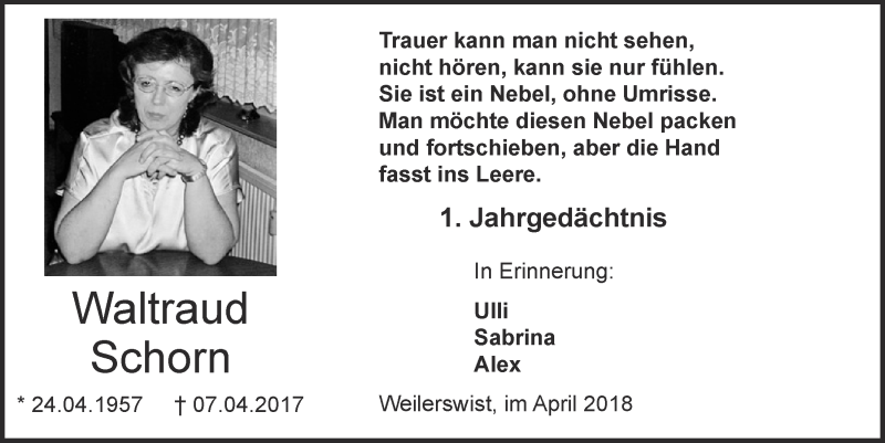  Traueranzeige für Waltraud Schorn vom 07.04.2018 aus  Blickpunkt Euskirchen 