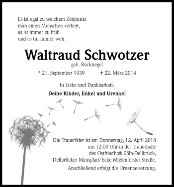 Anzeige von Waltraud Schwotzer von Kölner Stadt-Anzeiger / Kölnische Rundschau / Express