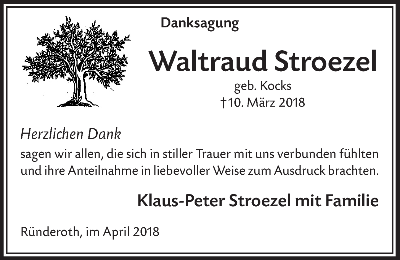  Traueranzeige für Waltraud Stroezel vom 18.04.2018 aus  Anzeigen Echo 