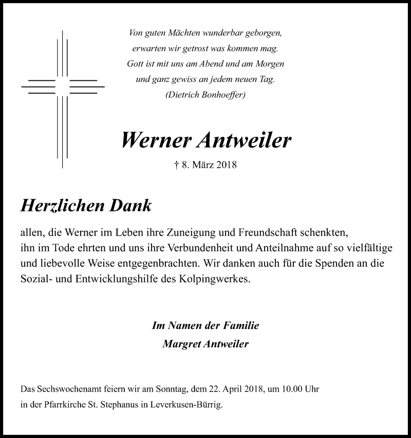  Traueranzeige für Werner Antweiler vom 04.04.2018 aus Kölner Stadt-Anzeiger / Kölnische Rundschau / Express