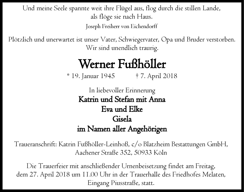 Traueranzeige für Werner Fußhöller vom 21.04.2018 aus  Sonntags-Post 