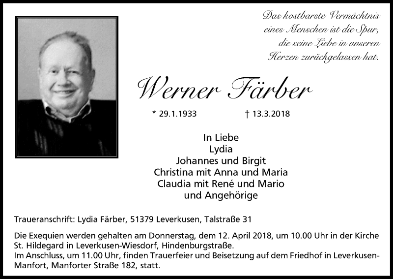  Traueranzeige für Werner Färber vom 07.04.2018 aus Kölner Stadt-Anzeiger / Kölnische Rundschau / Express