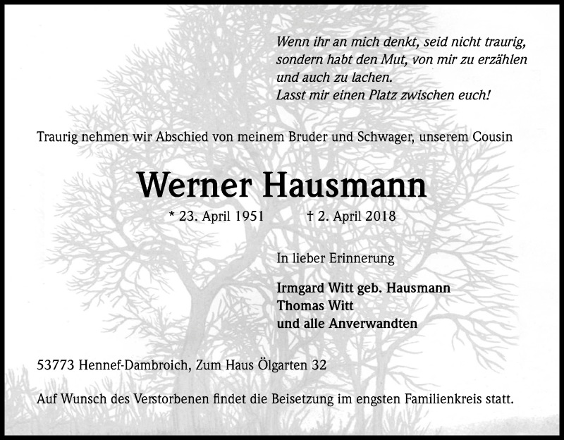  Traueranzeige für Werner Hausman vom 07.04.2018 aus Kölner Stadt-Anzeiger / Kölnische Rundschau / Express