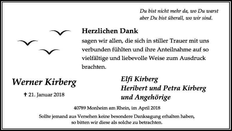  Traueranzeige für Werner Kirberg vom 14.04.2018 aus Kölner Stadt-Anzeiger / Kölnische Rundschau / Express
