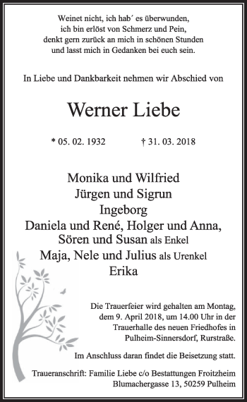 Anzeige von Werner Liebe von  Sonntags-Post 