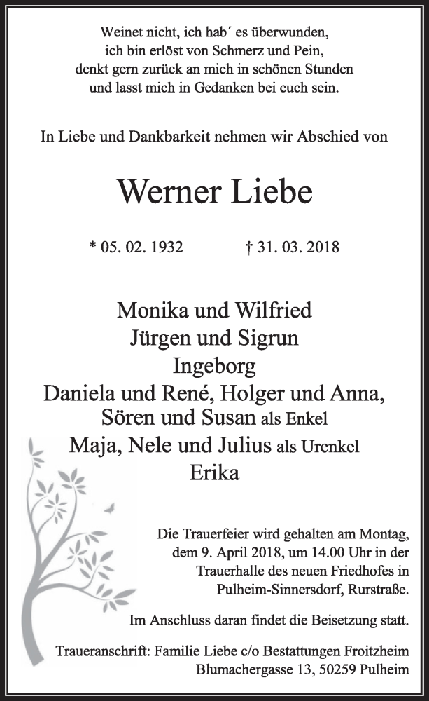  Traueranzeige für Werner Liebe vom 07.04.2018 aus  Sonntags-Post 