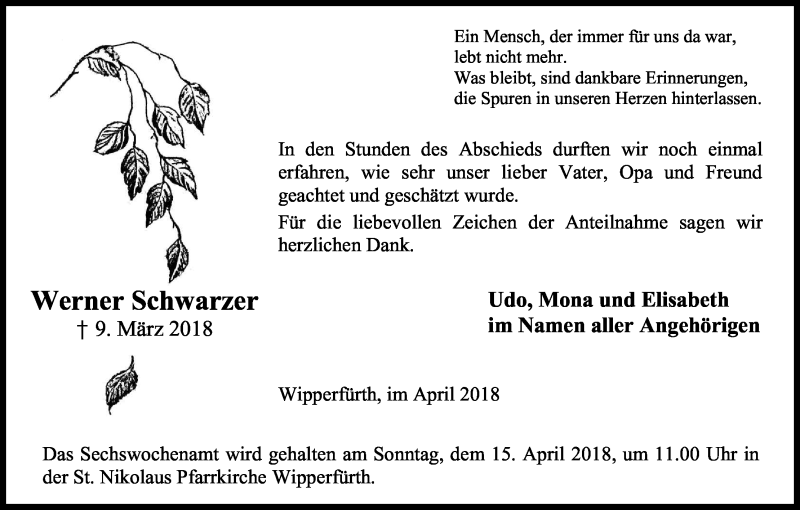  Traueranzeige für Werner Schwarzer vom 11.04.2018 aus Kölner Stadt-Anzeiger / Kölnische Rundschau / Express