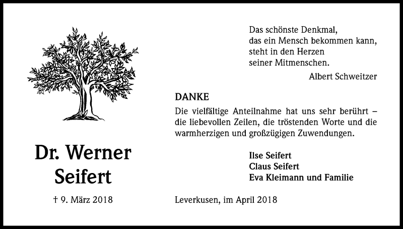  Traueranzeige für Werner  Seifert vom 11.04.2018 aus Kölner Stadt-Anzeiger / Kölnische Rundschau / Express