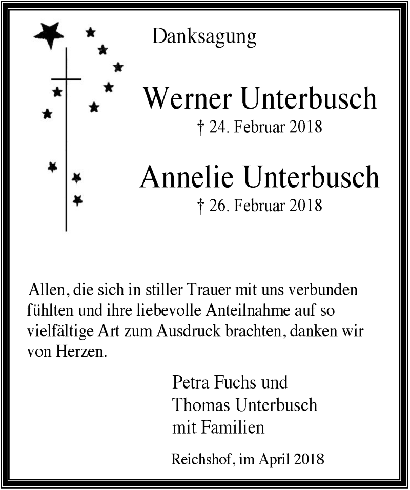  Traueranzeige für Werner  Unterbusch vom 18.04.2018 aus  Anzeigen Echo 