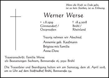 Anzeige von Werner Werse von  Schlossbote/Werbekurier 