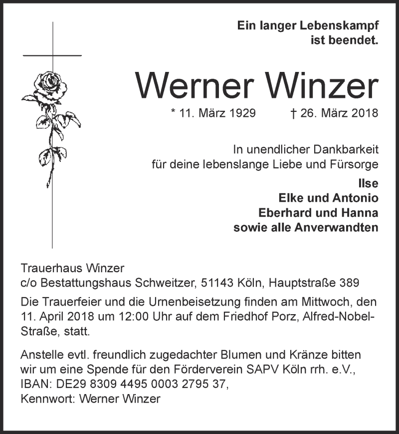  Traueranzeige für Werner Winzer vom 04.04.2018 aus  Kölner Wochenspiegel 