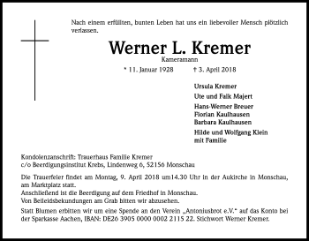 Anzeige von Werner L. Kremer von Kölner Stadt-Anzeiger / Kölnische Rundschau / Express