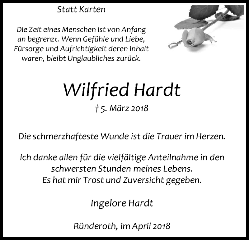  Traueranzeige für Wilfried Hardt vom 21.04.2018 aus Kölner Stadt-Anzeiger / Kölnische Rundschau / Express