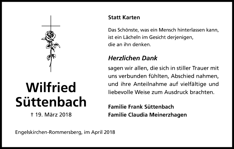  Traueranzeige für Wilfried Süttenbach vom 28.04.2018 aus Kölner Stadt-Anzeiger / Kölnische Rundschau / Express