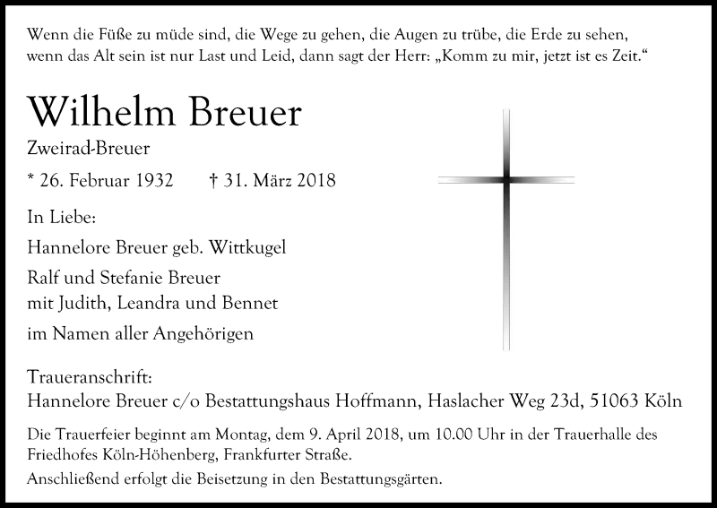 Traueranzeige für Wilhelm Breuer vom 05.04.2018 aus Kölner Stadt-Anzeiger / Kölnische Rundschau / Express