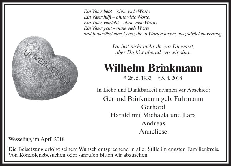  Traueranzeige für Wilhelm Brinkmann vom 25.04.2018 aus  Schlossbote/Werbekurier 
