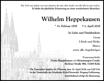 Anzeige von Wilhelm Heppekausen von Kölner Stadt-Anzeiger / Kölnische Rundschau / Express