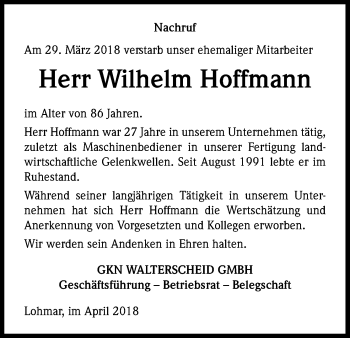 Anzeige von Wilhelm Hoffmann von Kölner Stadt-Anzeiger / Kölnische Rundschau / Express