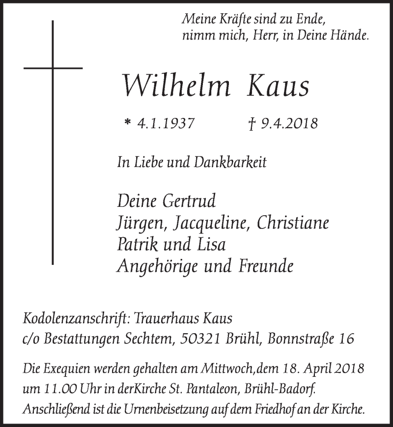  Traueranzeige für Wilhelm Kaus vom 11.04.2018 aus  Schlossbote/Werbekurier 