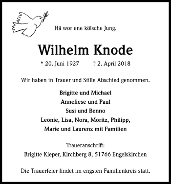 Anzeige von Wilhelm Knode von Kölner Stadt-Anzeiger / Kölnische Rundschau / Express