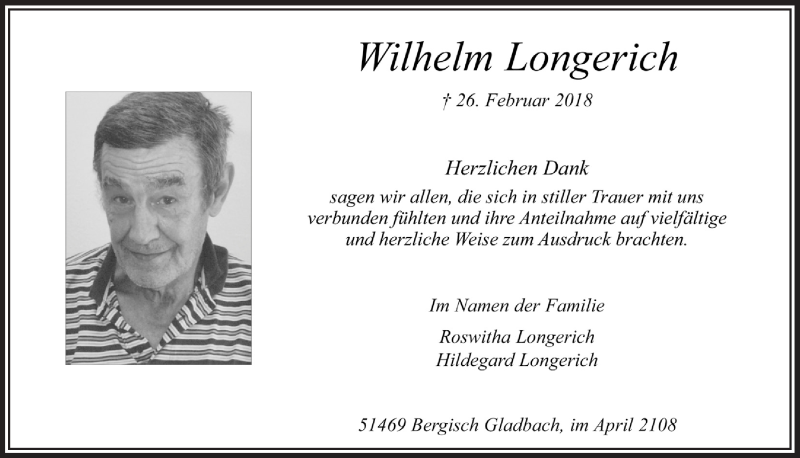  Traueranzeige für Wilhelm Longerich vom 04.04.2018 aus  Bergisches Handelsblatt 