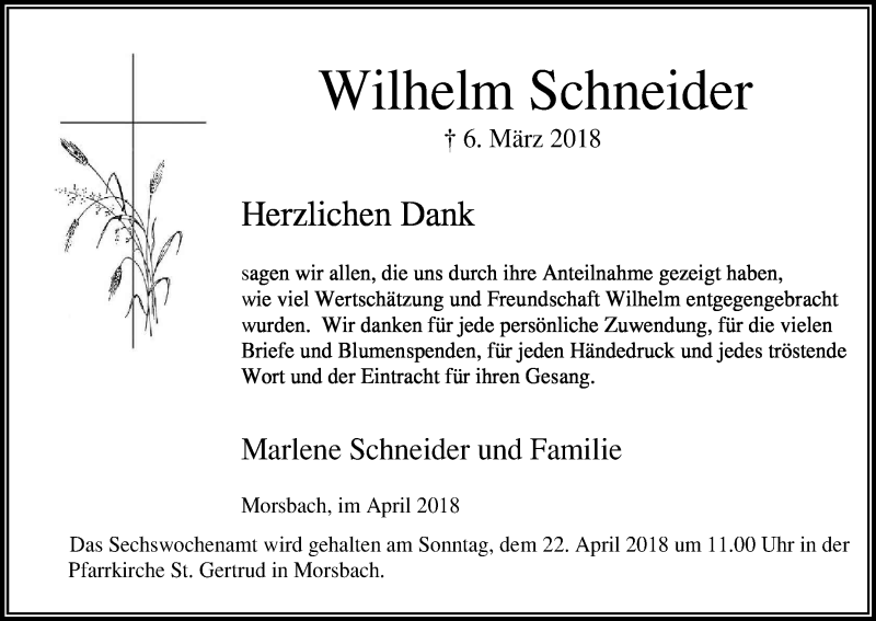  Traueranzeige für Wilhelm Schneider vom 14.04.2018 aus Kölner Stadt-Anzeiger / Kölnische Rundschau / Express