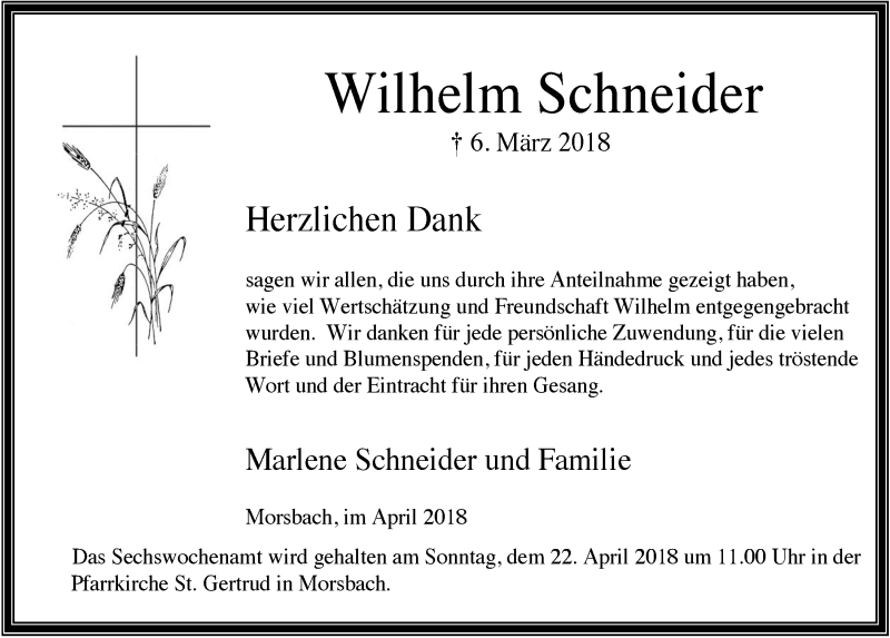  Traueranzeige für Wilhelm Schneider vom 18.04.2018 aus  Lokalanzeiger 
