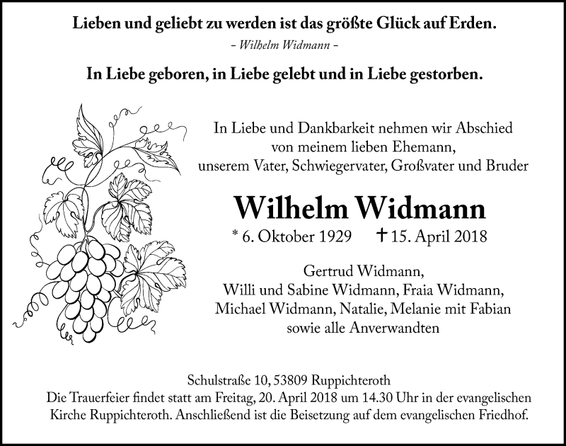  Traueranzeige für Wilhelm Widmann vom 18.04.2018 aus  Lokalanzeiger 