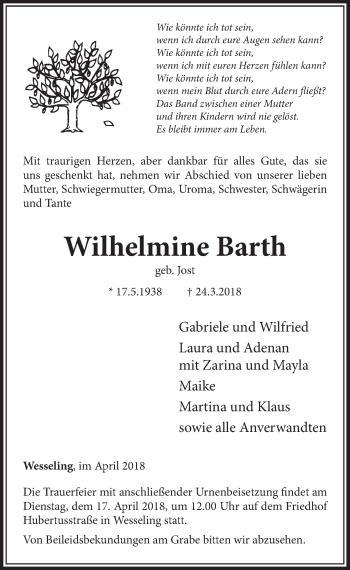 Anzeige von Wilhelmine Barth von  Schlossbote/Werbekurier 