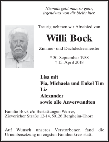 Anzeige von Willi Bock von  Sonntags-Post 