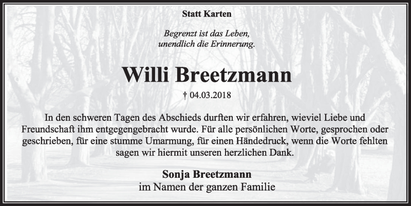  Traueranzeige für Willi Breetzmann vom 07.04.2018 aus  Sonntags-Post 