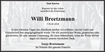 Anzeige von Willi Breetzmann von  Sonntags-Post 