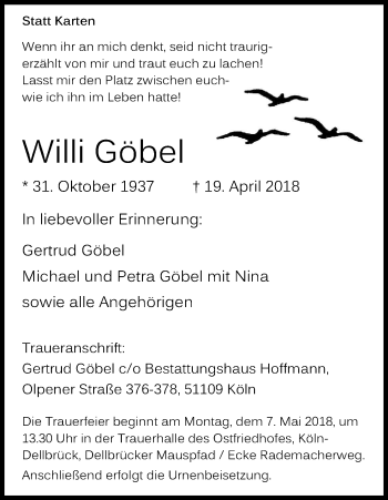 Anzeige von Willi Göbel von Kölner Stadt-Anzeiger / Kölnische Rundschau / Express