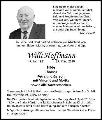 Anzeige von Willi Hoffmann von Kölner Stadt-Anzeiger / Kölnische Rundschau / Express