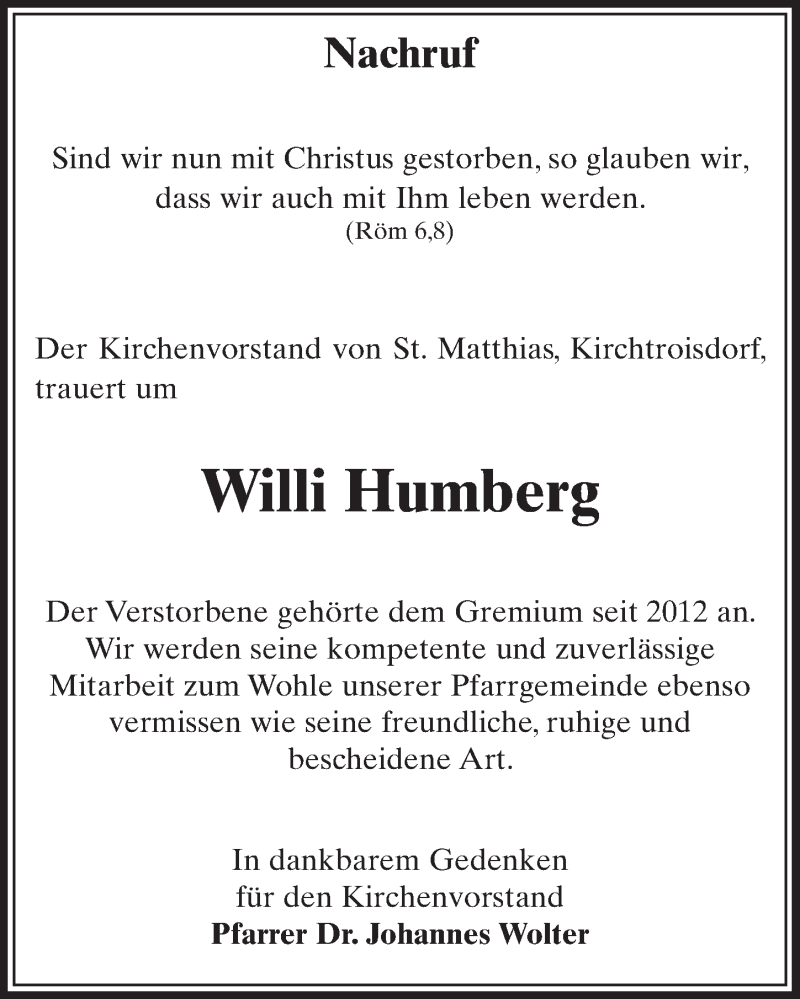  Traueranzeige für Willi Humberg vom 21.04.2018 aus  Sonntags-Post 