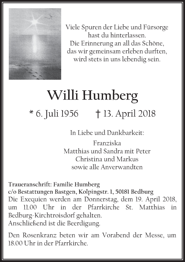  Traueranzeige für Willi Humberg vom 18.04.2018 aus  Werbepost 