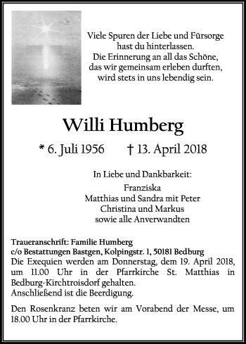 Anzeige von Willi Humberg von Kölner Stadt-Anzeiger / Kölnische Rundschau / Express
