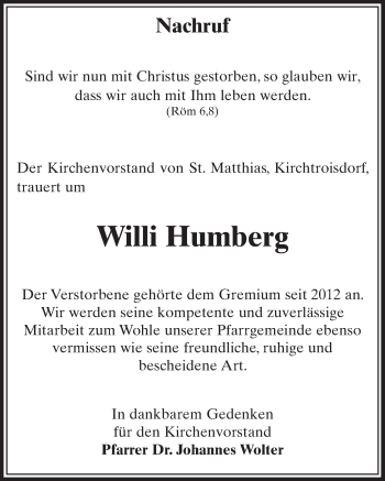 Anzeige von Willi Humberg von  Sonntags-Post 