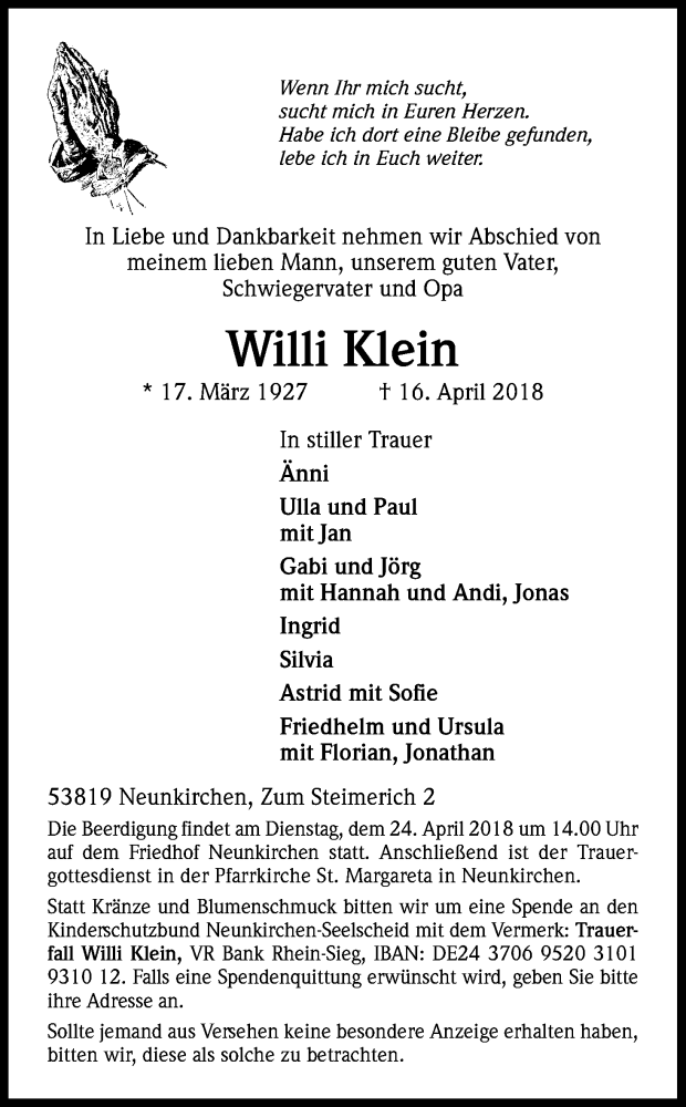  Traueranzeige für Willi Klein vom 19.04.2018 aus Kölner Stadt-Anzeiger / Kölnische Rundschau / Express