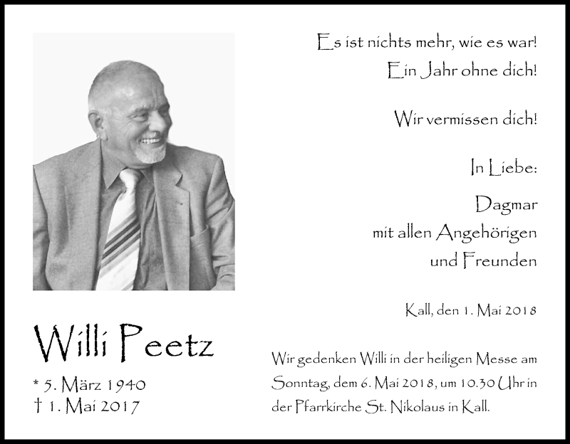  Traueranzeige für Willi Peetz vom 01.05.2018 aus Kölner Stadt-Anzeiger / Kölnische Rundschau / Express