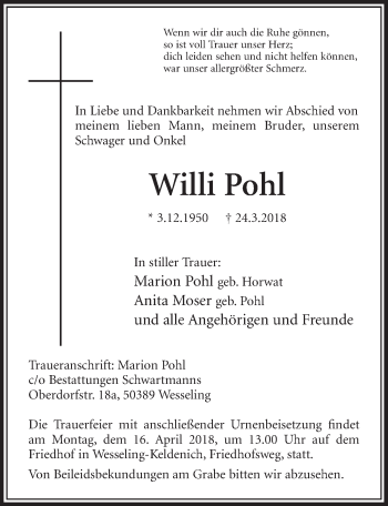 Anzeige von Willi Pohl von  Schlossbote/Werbekurier 